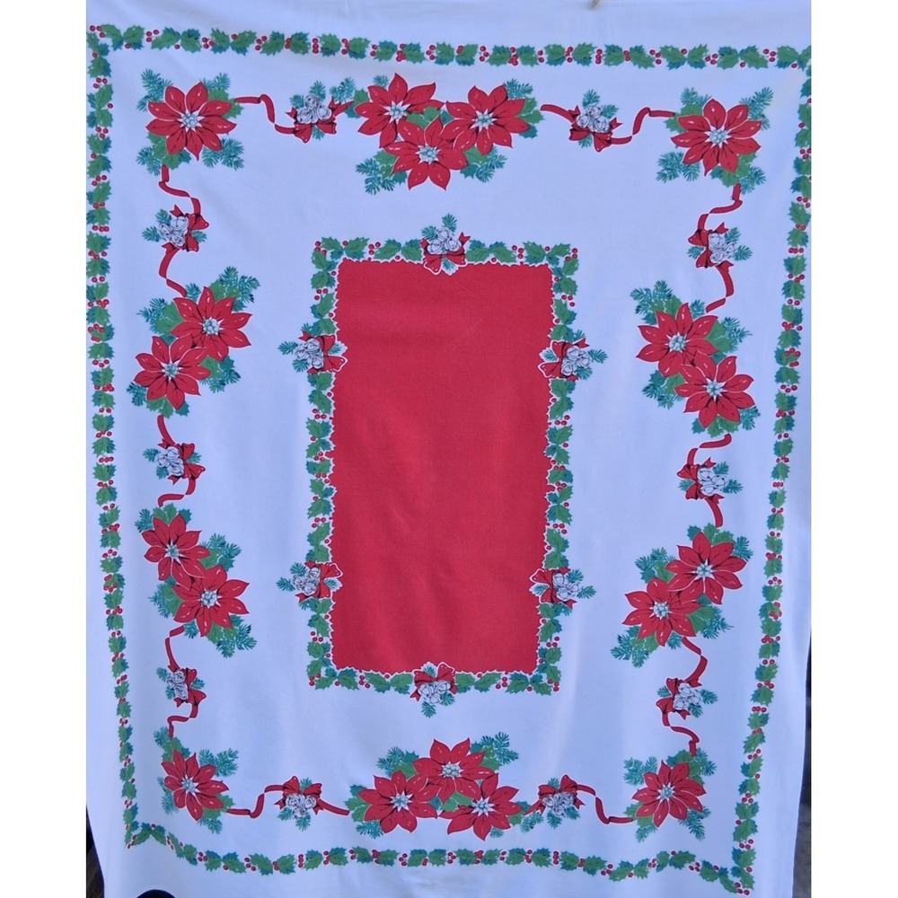Vintage Mid Century Poinsettia Jingle Bell Cotton Tablecloth Retro Holiday 48x56 - Picture 3 of 9